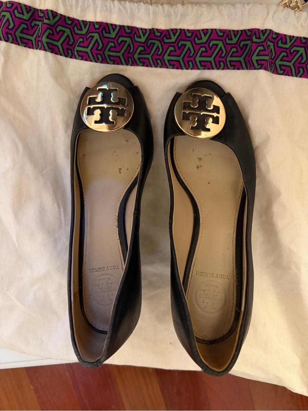 Tory Burch Black Leather Flats with Gold Logo Medallion
